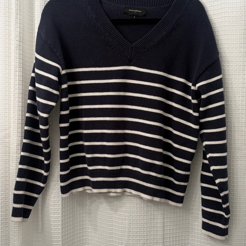 Banana Republic Navy and White V-Neck Sweater